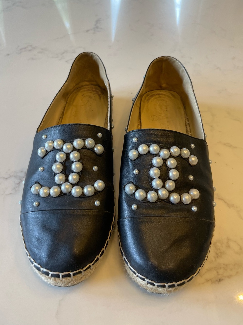 Chanel Black Pearl-Embellished Espadrille Slip-Ons